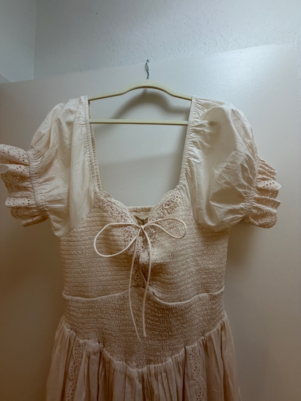 Christy Dawn Madeline Cream Smocked Midi Dress with Lace Trim - Picture 3 of 10
